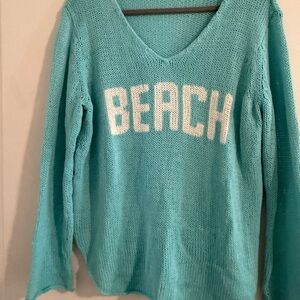 Wooden Ships Aqua V-Neck Sweater with Beach Print